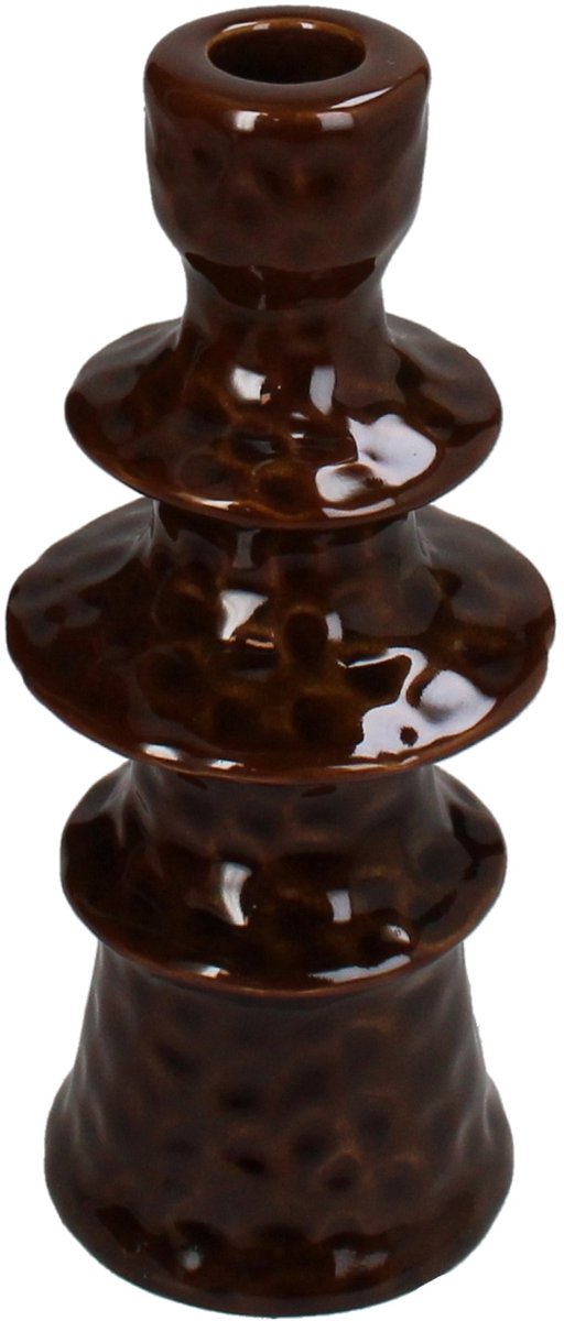 Kandelaar Inya - Keramiek - Bruin - 8x19x8 cm (BxHxD) - Voor dinerkaars - Sfeervol Interieur