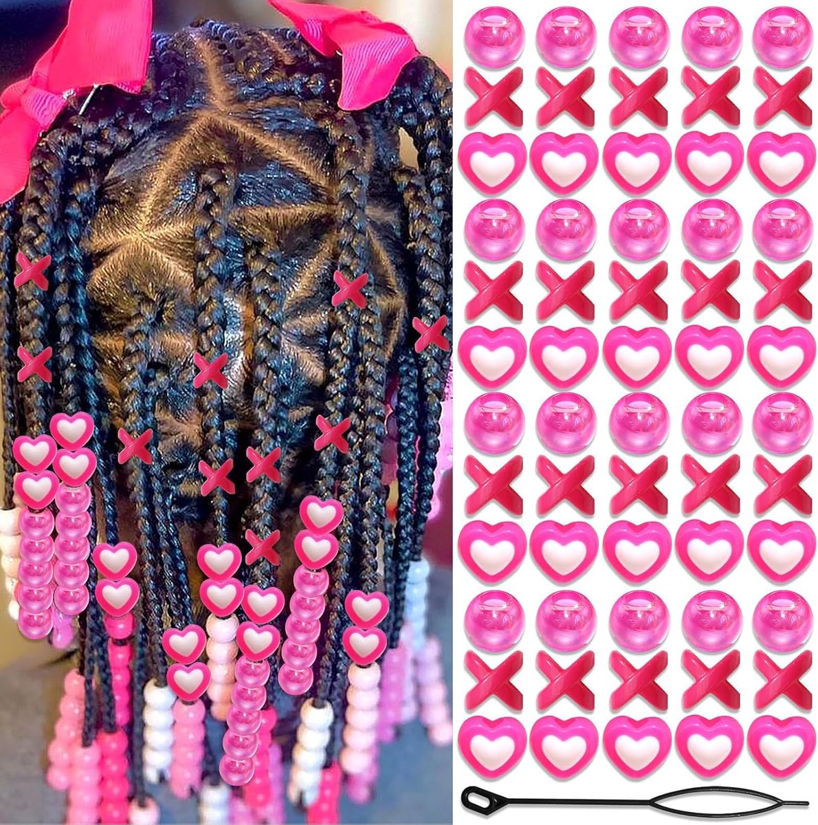 60 stuks haarparels voor kinderen - meisjes - bonte vlechtparels - roze X-ronde hart-mixvorm met insteekhulp - haaraccessoires