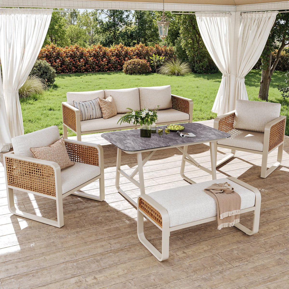 MODENUIT Loungeset 6-7 Personen - Modulaire Opstelling Met Tafel - Voor Tuin, Terras En Balkon - PE-Rattan Beige