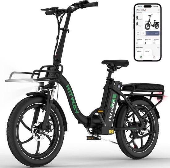 Hitway Elektrische Fiets BK6S Pro - 20*4.0 Inch Fat Tire City Commuter EBike met Afneembare 48V 18Ah Lithium Batterij - Opvouwbaar Mountain E-Bike met 250W Motor - APP Bediening - 7 Versnellingen - IP54 Waterdicht - Hitway - €799,99