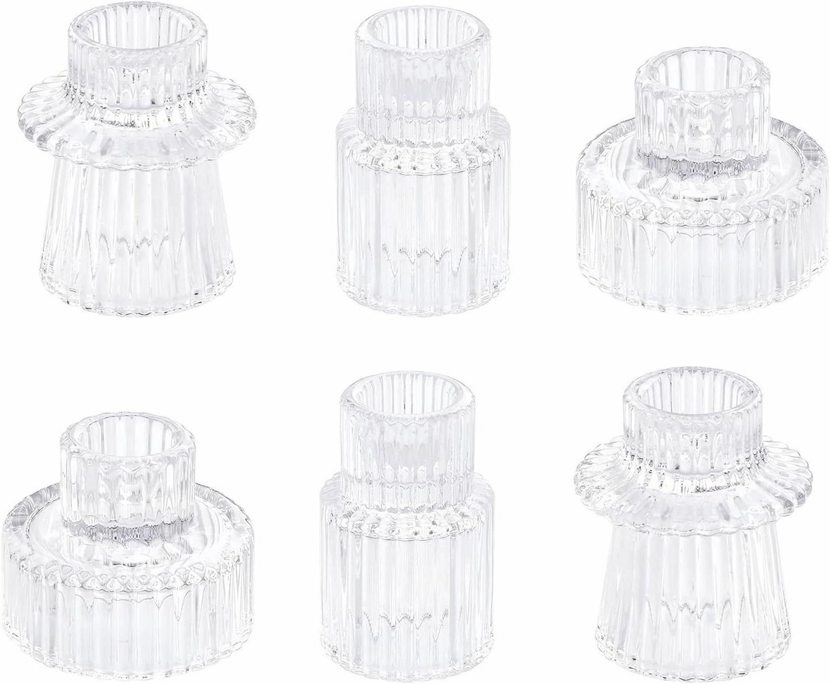 Glazen Kaarsenhouders - Kandelaars Set - Sfeervol Decoreren - Geribbeld Glas Ontwerp - Set van 6 - Transparant