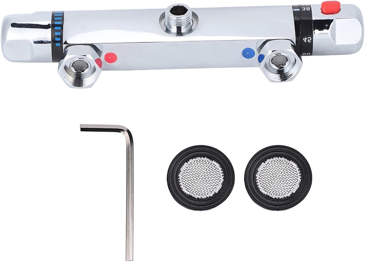 Thermostatische Douchemengkraan met Veiligheidsknop 38°C, Chroom Afwerking, Ideaal voor Badkamer Accessoires en Comfortabel Douzen