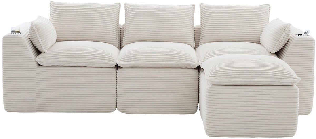 Merax Modulaire 3-Zits Hoekbank met Hocker Beige - Grote Corduroy Sofa met Kussens en Opbergtassen - Lounge Bank voor Woonkamer en Appartement