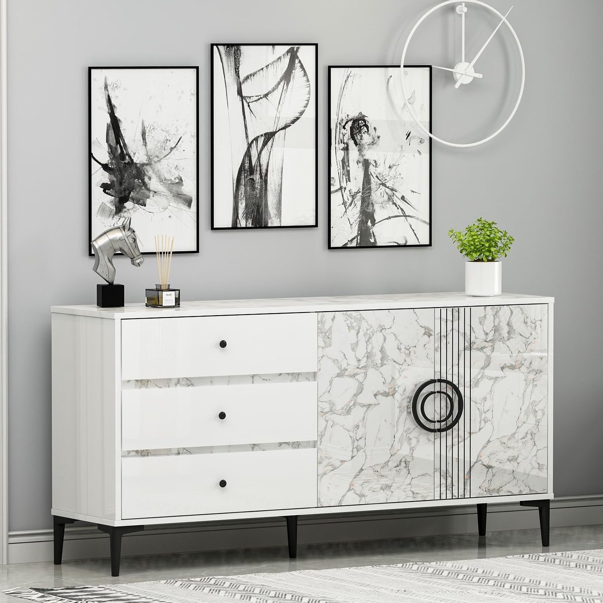 Marbelle Luxe TV Dressoir 150 cm Wit Marmerlook met 2 Deuren en 3 Lades – Modern Multifunctioneel Console, Sideboard en Opbergkast 150 x 78,5 x 40 cm voor Woonkamer en Slaapkamer