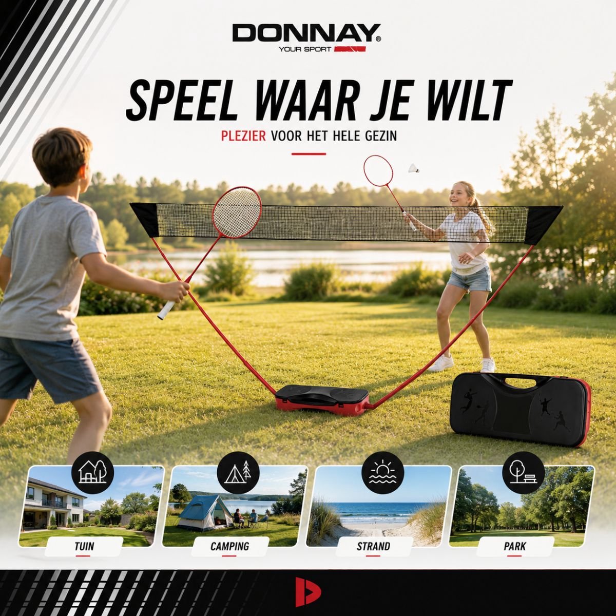 Donnay Badmintonset - Badminton Complete Set Voor 2 Personen - Inclusief Badminton Shuttles, Badmintonrackets en Badmintonnet - Met Handige Badmintontas - Badminton Racket in Zwart/Rood — afbeelding 7