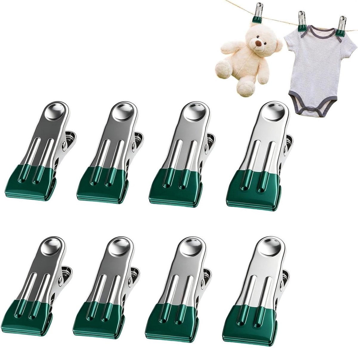 Robuuste wasknijpers - Kledingklemmen - Wasgoed drogen - Roestvrij staal - 8 stuks - Groen