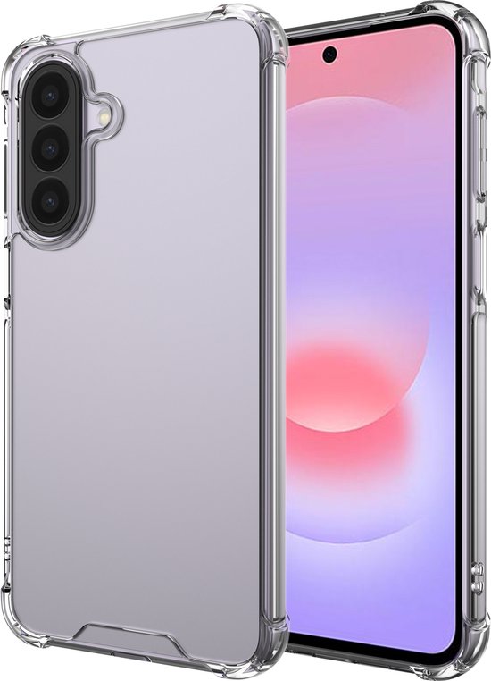 Doorzichtige FlexImpact Case voor Samsung Galaxy A27 met versterkte hoeken, op zwarte achtergrond.