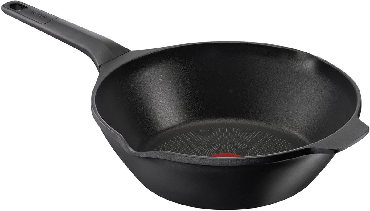 Wokpan Gegoten Aluminium - Roerbakpan - Snel Groenten Wokken - Temperatuur Indicator - 28 cm - Zwart