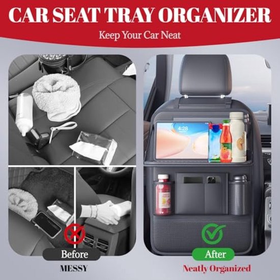 Auto-organizer, grote rugleuningbescherming voor kinderen, multifunctionele waterdichte achterbankorganizer met klaptafel, tablet/telefoonopslag en 9 vakken, 42 cm × 61 cm (2 stuks) — afbeelding 3