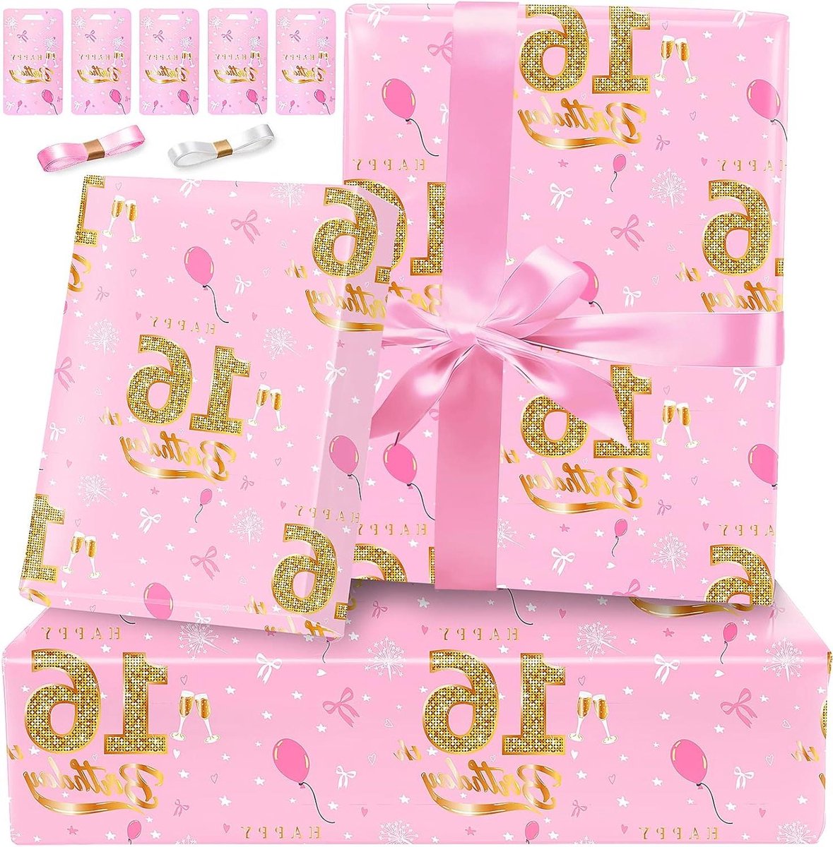 Cadeaupapier Set - Verjaardagspapier Meisjes - Geschenken Inpakken - Compleet Met Lint En Labels - 5 Vellen - Roze Goud