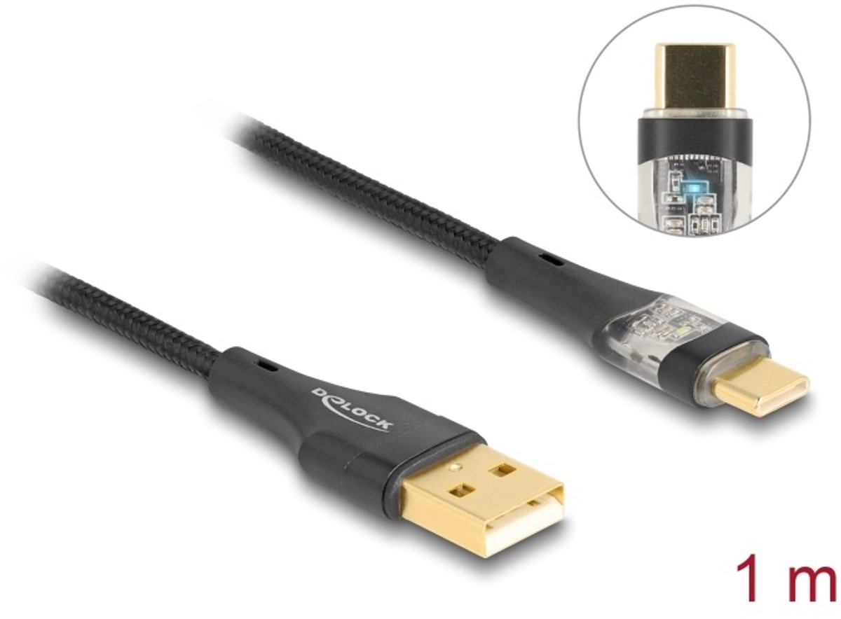 Image of Delock USB 2.0 Cable Type-A male to USB Type-C™ male with Fast Charging 60 W transparent 1 m