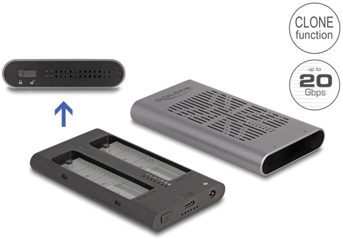 Delock External USB 20 Gbps Enclosure for 2 x M.2 NVMe PCIe SSD with USB Type-C™ female and Clone function