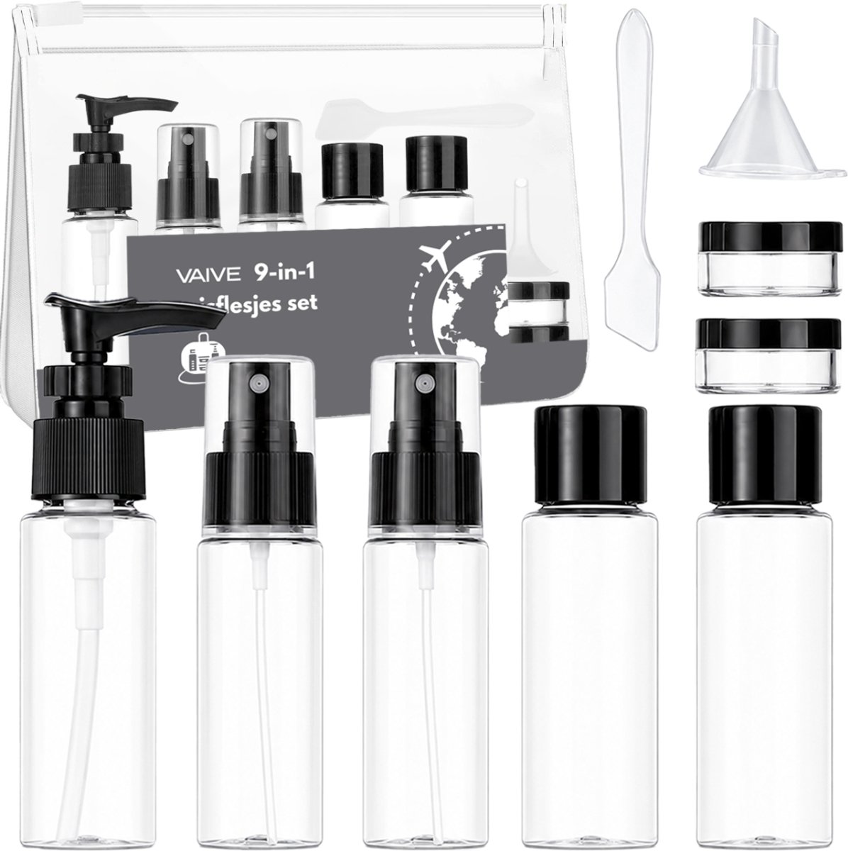 VAIVE Reisflesjes Handbagage 9-delig - Reisaccessoires - Reisflacons - Cosmetica Potjes - Reis Flesjes - Reisverpakking - Reisset