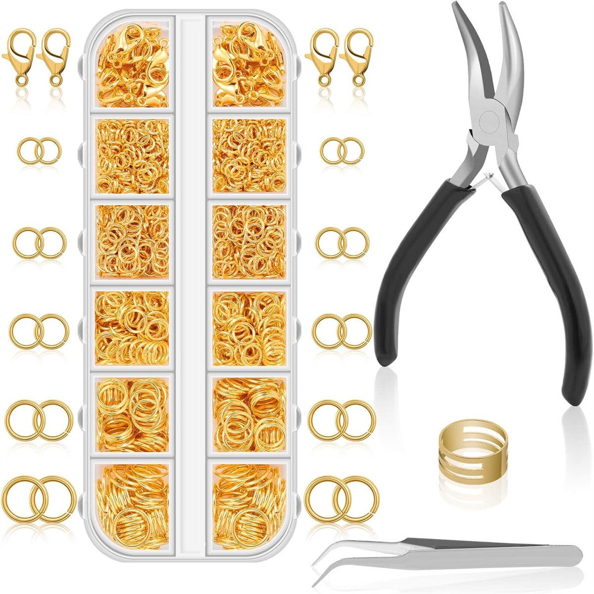 carmdering - Sprungringe - Gouden Biegeringe - Sieraden Reparatie Set - Gemengde Maten 4-10mm - Inclusief Tang En Opener - Ijzeren Metaal - Duurzaam En Loodvrij - Georganiseerde Opslagbox - Ideaal Voor DIY Projecten