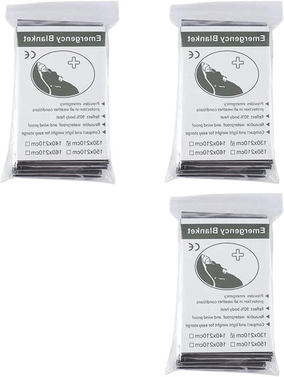 Foliedeken Nooddeken - Survival Deken - Outdoor Bescherming - Reflecteert lichaamswarmte - 3 stuks - Zilver