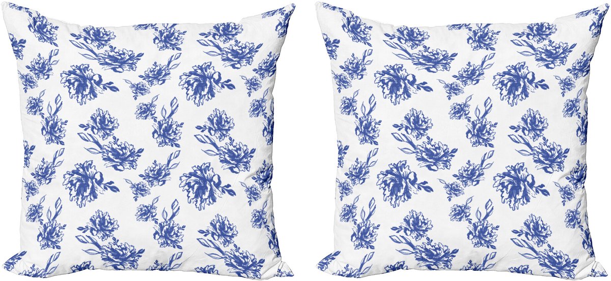 ABAKUHAUS Decoratieve kussenhoezen met bloemenmotief, 2 stuks, blauwe pioenroos, moderne accentprint, dubbelzijdig digitaal, 50x50 cm, violetblauw wit Violet Blauw Wit