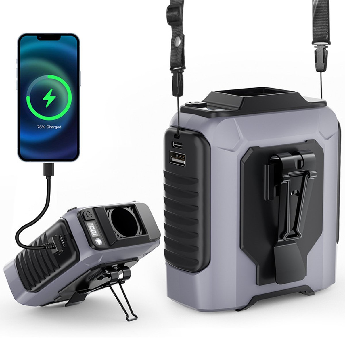VHV - Tailleventilator met clip - USB oplaadbaar, meerdere snelheden, grijs handsfree model voor reizen, sport en buitenwerk