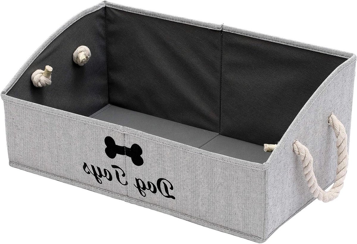 Grote opbergdozen voor honden speelgoed – Vouwbare stoffen trapezium organizer met handvat, veelzijdige mand voor hondenaccessoires, speelgoed en kleding, grijs gestreept