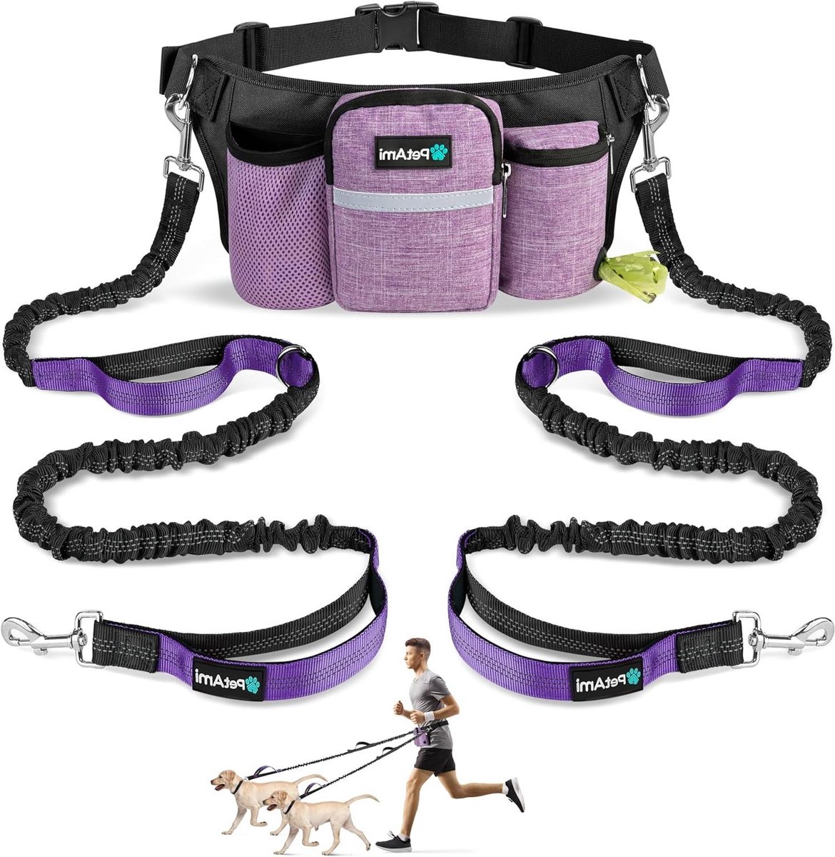 Handsfree Hondenriem - Heupriem Dubbel - Honden Uitlaten - Verstelbare Bungee - 2 Honden - Paars