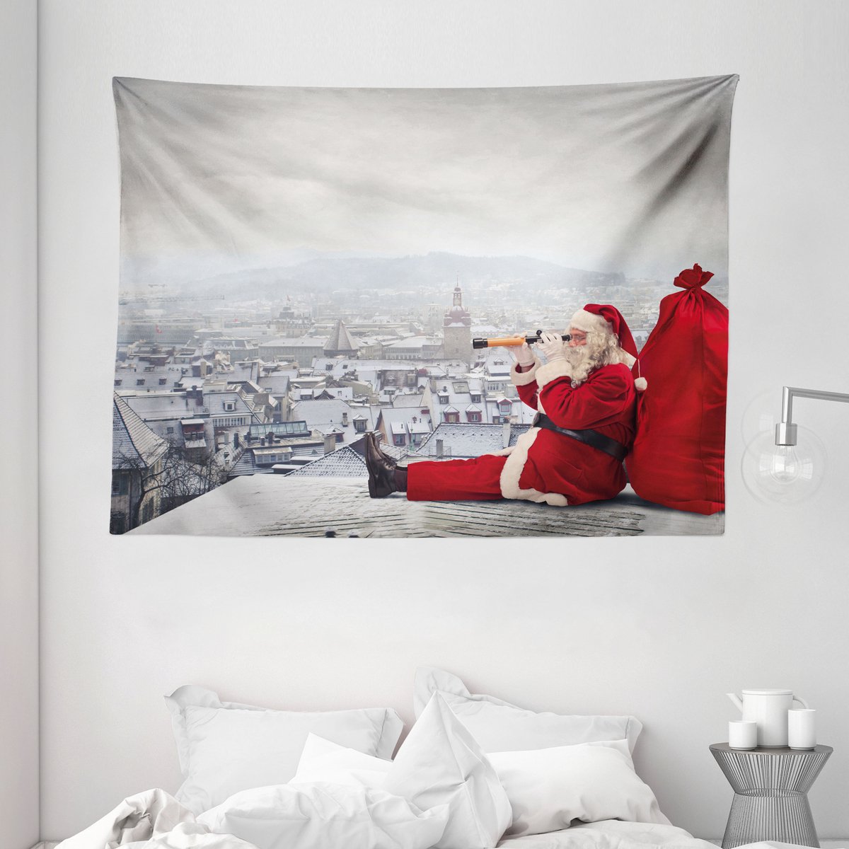ABAKUHAUS Kersttapijt en sprei, Sint op het dak, 230 x 140 cm, Rood lichtgrijs