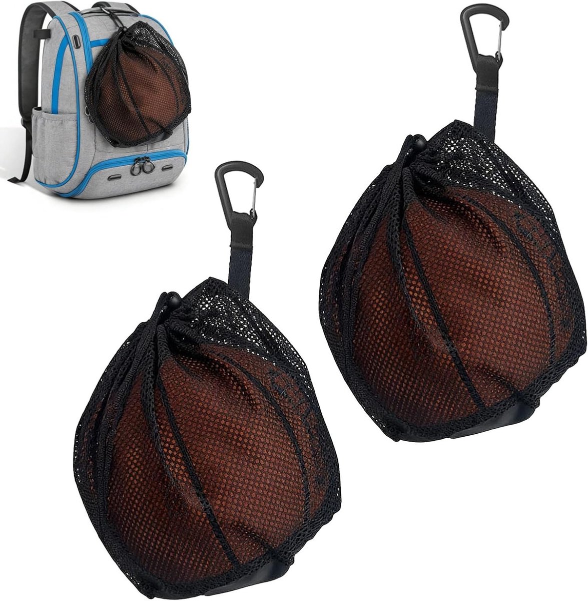 Draagbare mesh tas met rits en karabijnhaak - Ideaal voor basketbal, voetbal en handbal - Rugzak met waterdichte onderlaag en trekkoord voor sportballen