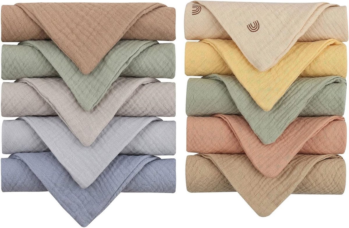10 Muslin Doeken voor Baby's, 23x23cm, Zachte Burp Doeken, Ademend en Hypoallergeen, Perfect voor Voeden en Afdrogen