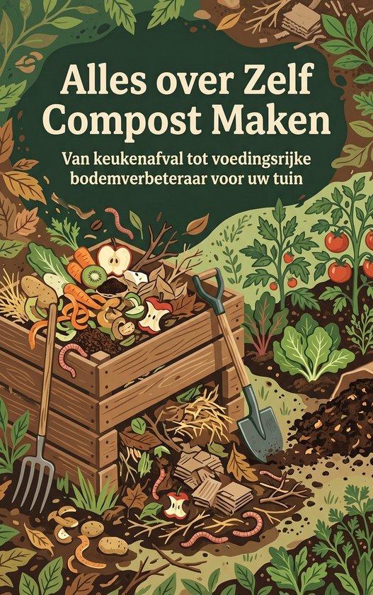 Boekomslag 'Alles over Zelf Compost Maken'. Een composthoop met groente- en fruitresten, wormen, tuingereedschap en planten.