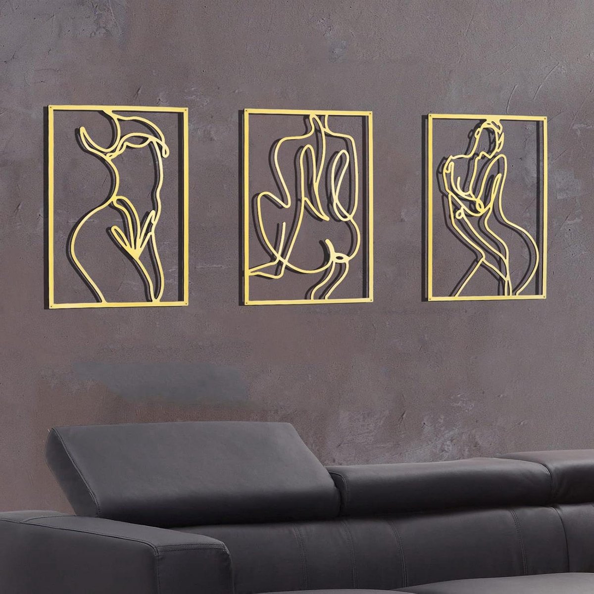 Wanddecoratie Set - Metalen Kunst - Muren Verfraaien - Abstract Lichaamsontwerp - 3 Delig - Goud