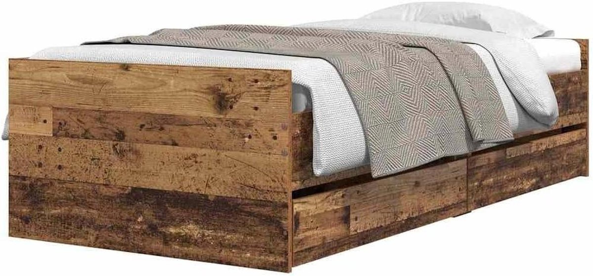 Bedframe met lade - Houten bedbasis - Slaapkamer inrichten - Massief grenenhout - 90 x 200 cm - Oud hout