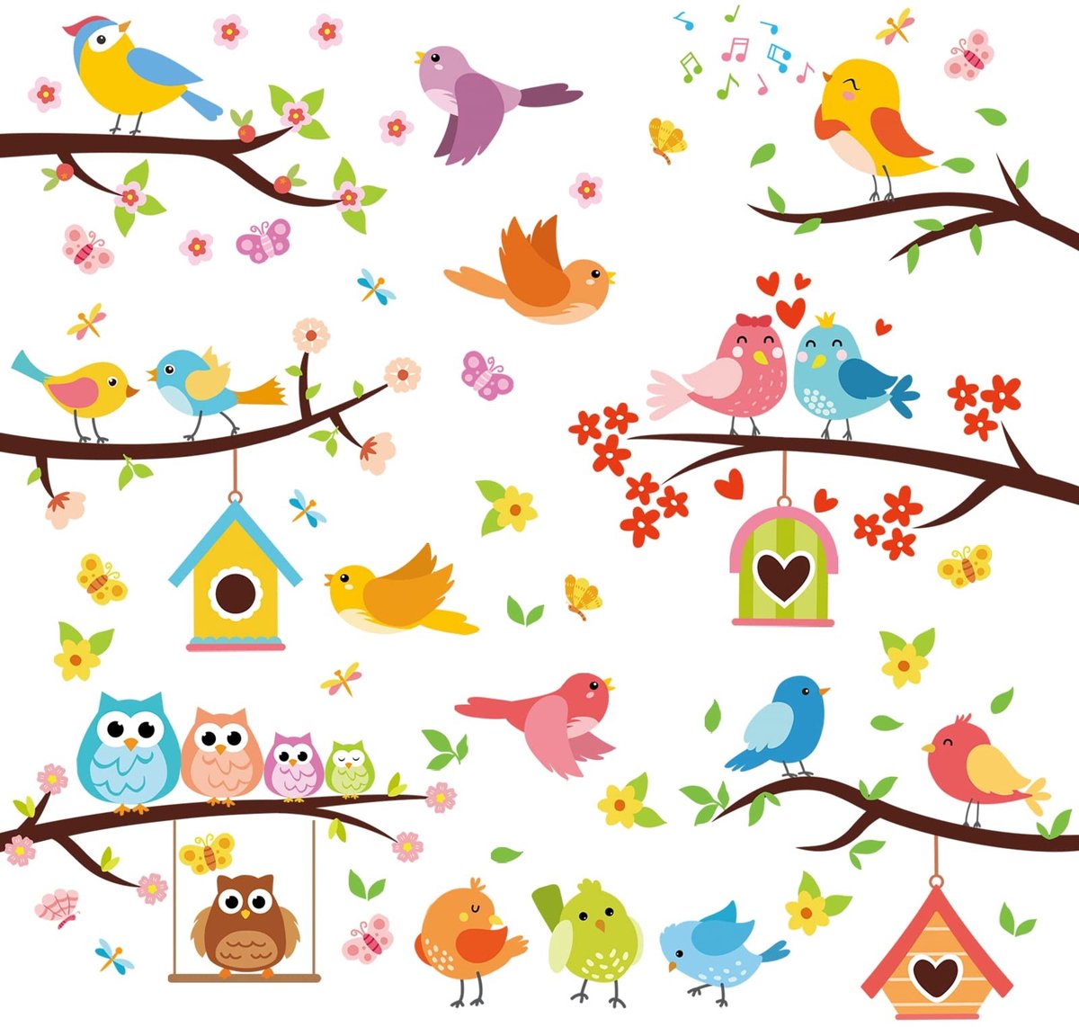 ONF3 - Raamstickers - Zelfklevende Decoratie - Lente Vogels en Vlinders - Voor Kinderen - Leuk voor Kinderkamer - Creatieve Wanddecoratie - Kleu...