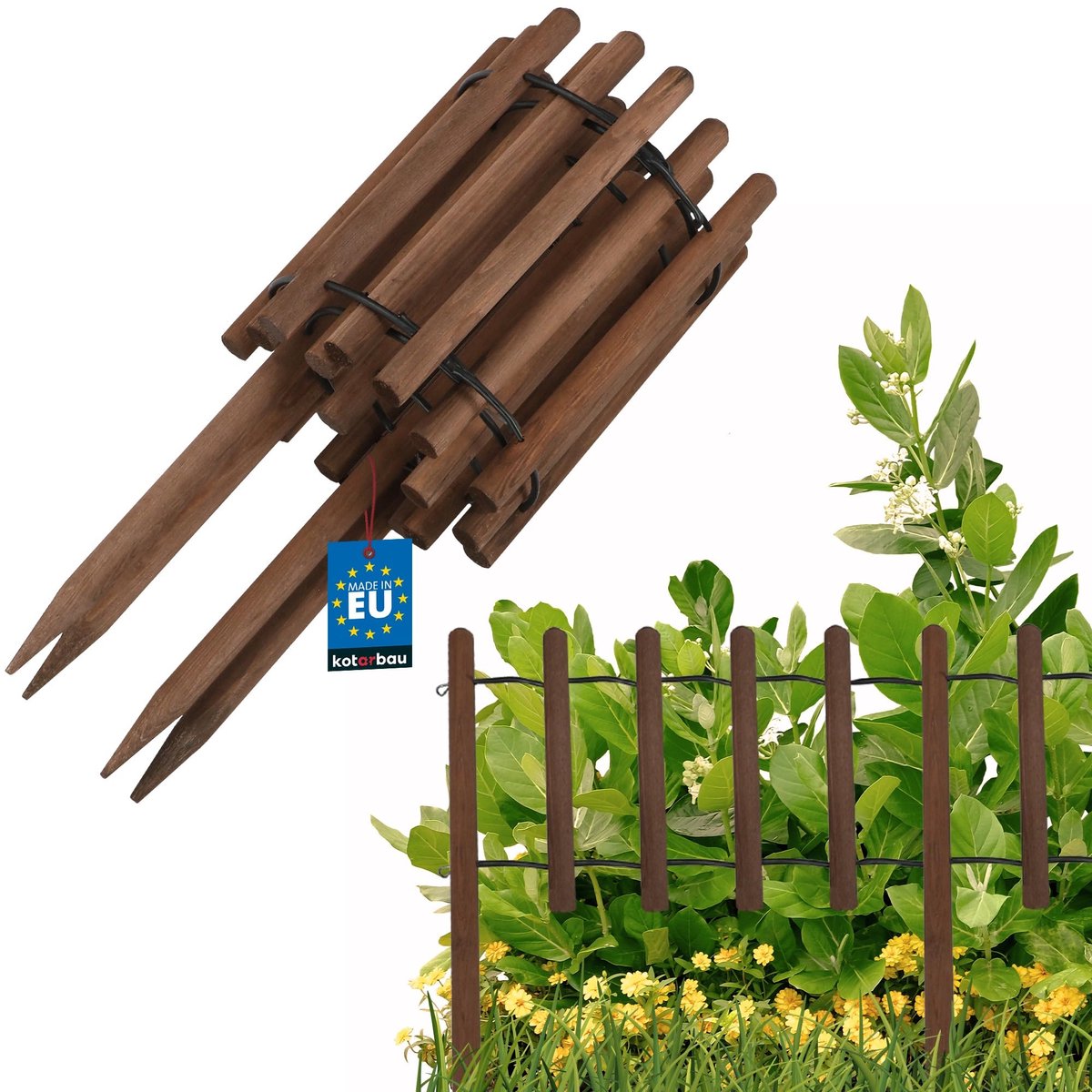 KOTARBAU® Bloembedrand, Rolborder, 185 x 55 cm, Bruin, Tuinafscheiding, Houten Tuinhek, Borderrand, Palissade, Schapenhek, Tuindecoratie