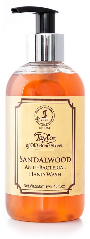 Taylor of Old Bond Street Sandalwood Anti-Bacteriële Hand Wash, oranje vloeistof in pompflacon.