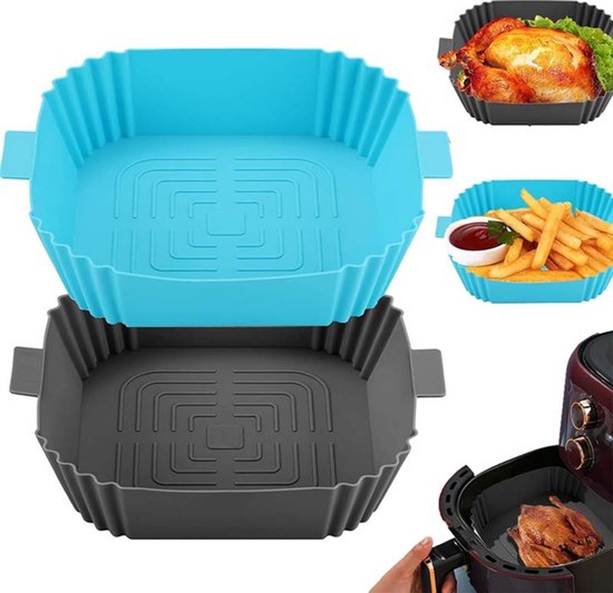 2 Stuks Siliconen Airfryer Matten 19,5 Cm Diameter - Airfryer Siliconen Roosters - Herbruikbaar En Eenvoudig Schoon Te Maken - Vierkante Airfryer Matten Voor Potmodellen (Donkergrijs + Blauw)
