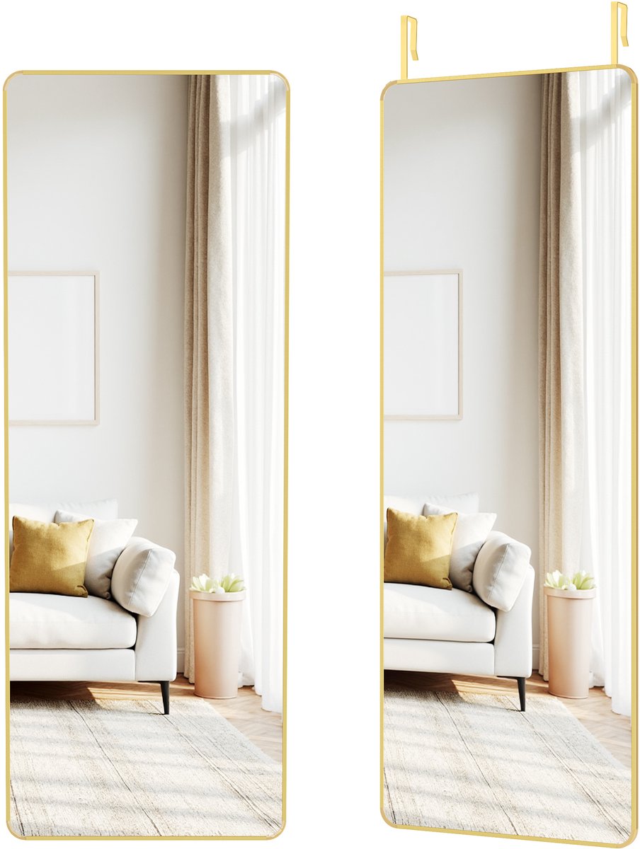 Songmics Spiegel - Spiegel staand - Wand- of Deurmontage - Aluminiumlegering Frame Lichtgoud
