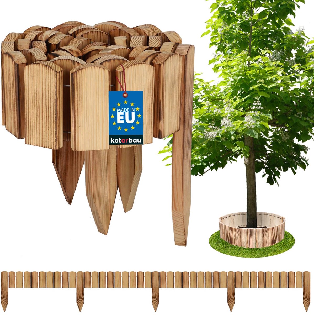 KOTARBAU® Bloembedrand, Rolborder, 200 x 10 cm, Gebrand Hout, Tuinafscheiding, Houten Tuinhek, Borderrand, Palissade, Schapenhek, Tuindecoratie