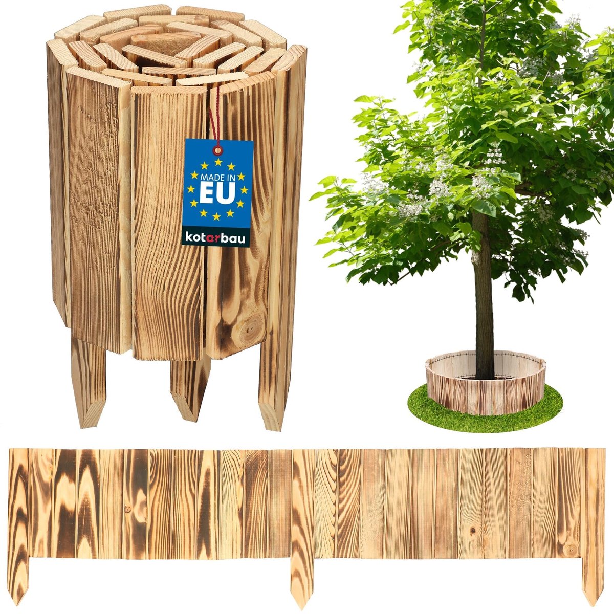 KOTARBAU® Bloembedrand, Rolborder, 110 x 20 cm, Gebrand Hout, Tuinafscheiding, Houten Tuinhek, Borderrand, Palissade, Schapenhek, Tuindecoratie