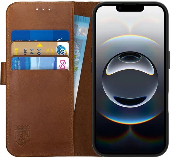 Étui en Cuir véritable Rosso Deluxe adapté à Apple iPhone 16e | Espace pour trois cartes | Étui portefeuille | Avec porte-cartes | Marron