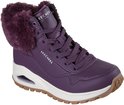 Paarse veterboot met bontkraag, ritssluiting en witte zool.