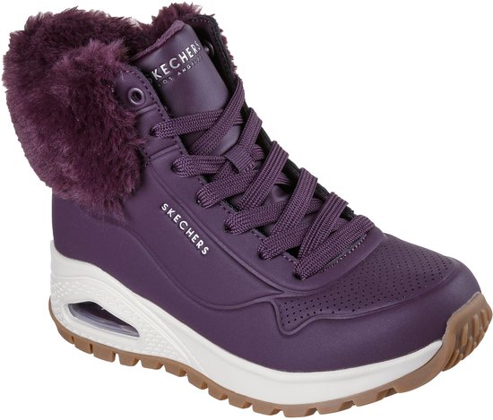 Paarse veterboot met bontkraag, ritssluiting en witte zool.