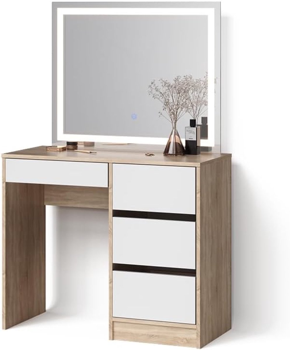 Kaptafel met spiegel - Schoonheidstafel - Make-up aanbrengen - Geïntegreerde LED-verlichting - 90 cm breed - Sonoma eiken