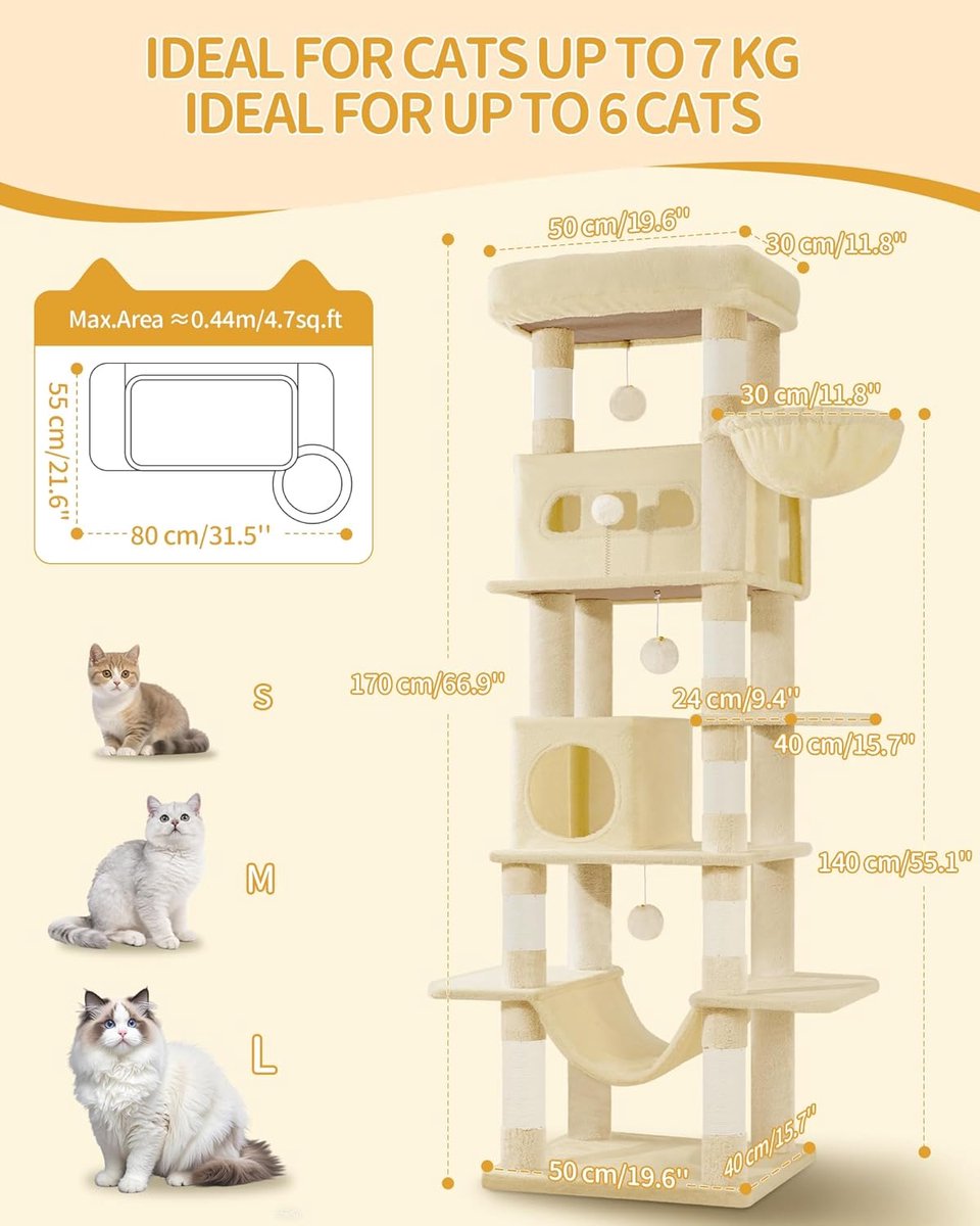 Krabpaal Groot - Kattentoren - Katten Klimmen - Bestand tegen kantelen - 170 cm Hoog - Beige thumbnail 6