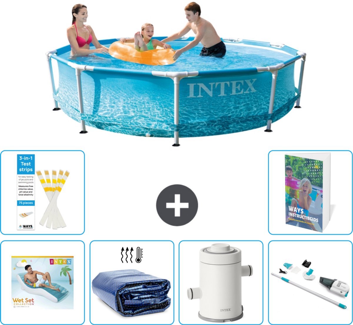 Intex Rond Frame Zwembad - 305 x 76 cm - Waterprint - Inclusief Loungebed - Solarzeil - Zwembadfilterpomp - Stofzuiger - 7-delig