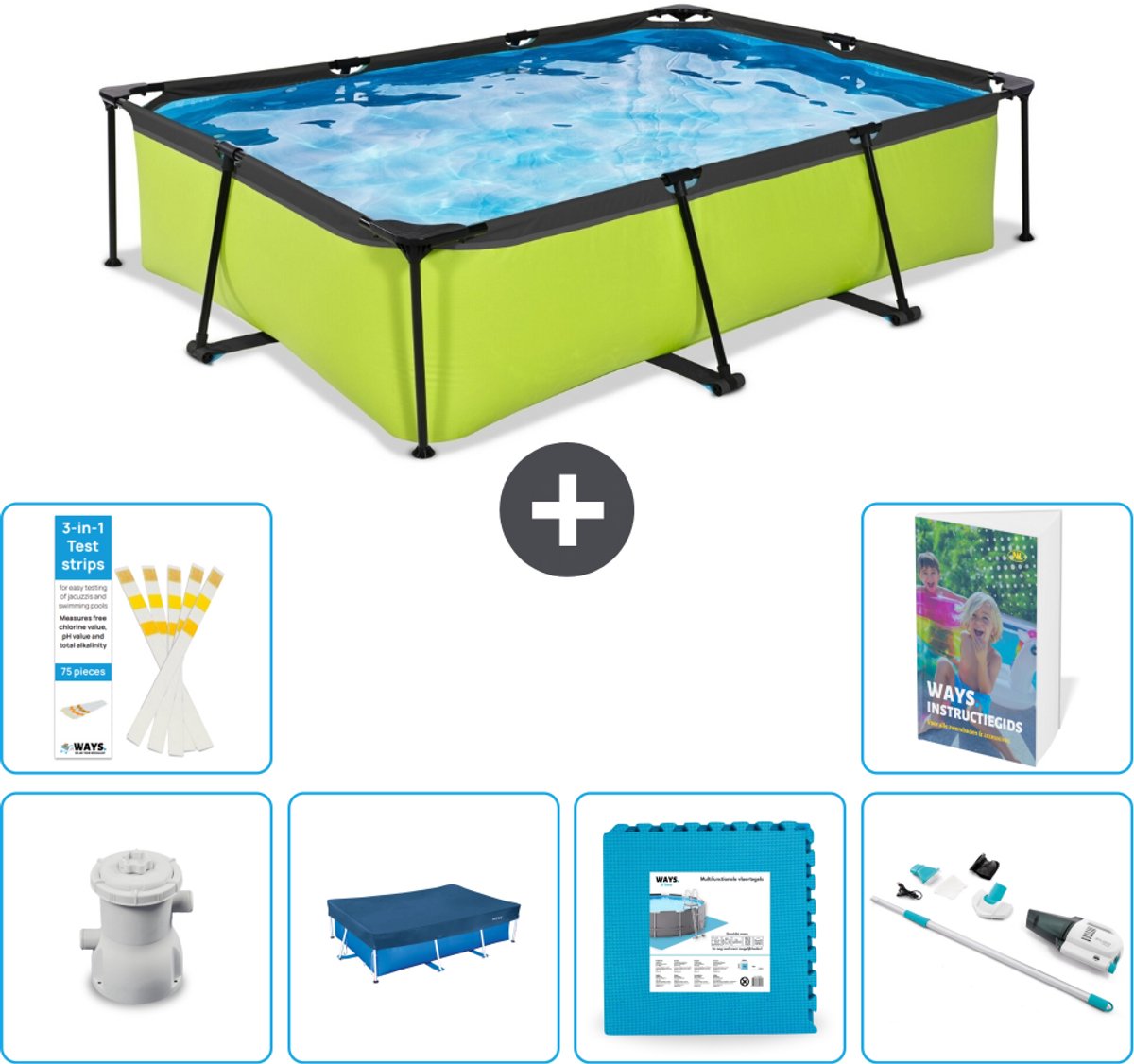 EXIT Rechthoekig Lime Frame Zwembad - 300 x 200 x 65 cm - Inclusief Pomp Afdekzeil - Vloertegels - Stofzuiger - 7-delig
