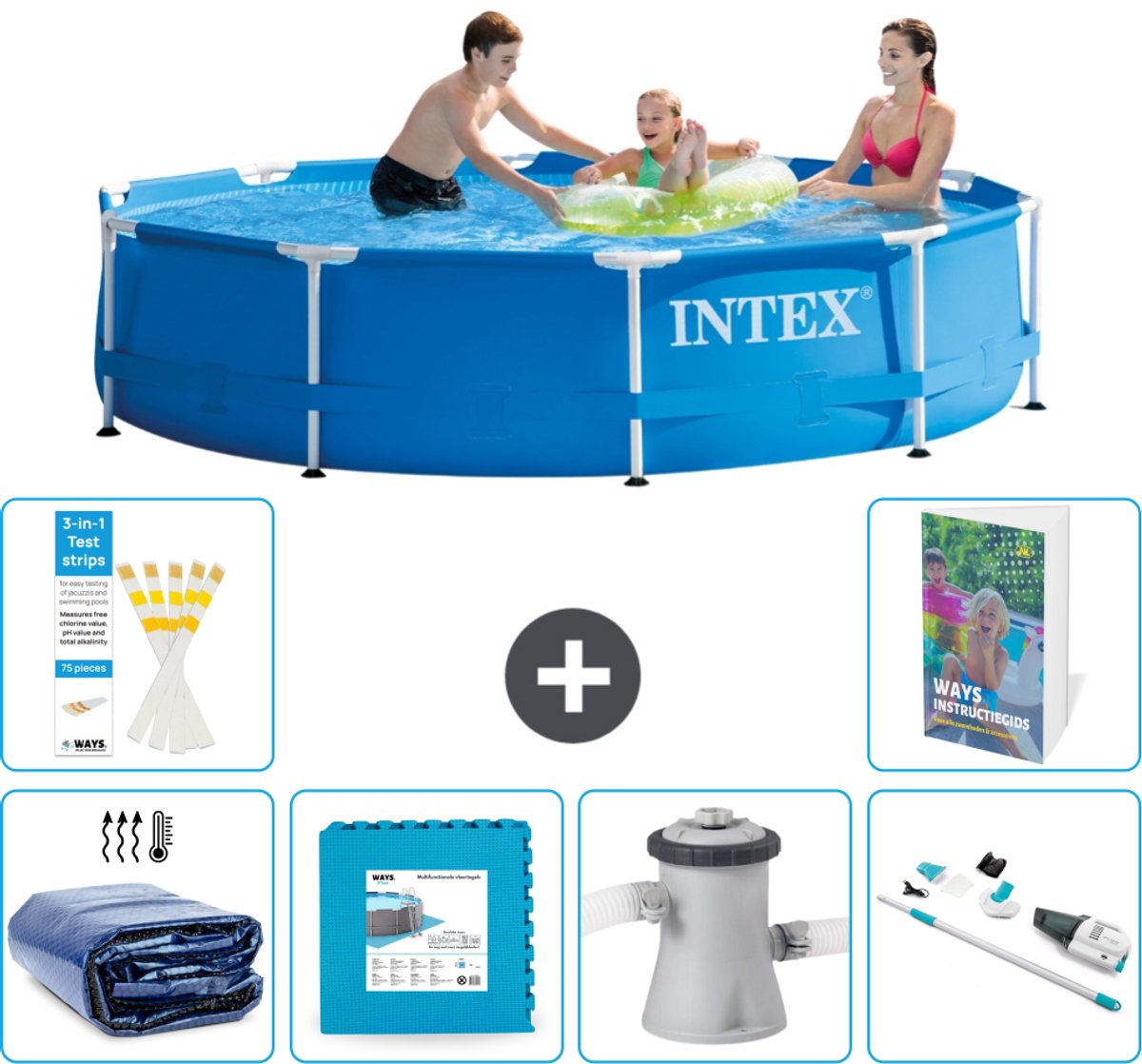 Intex Rond Frame Zwembad - 305 x 76 cm - Blauw - Inclusief Solarzeil - Vloertegels - Zwembadfilterpomp - Stofzuiger - 7-delig