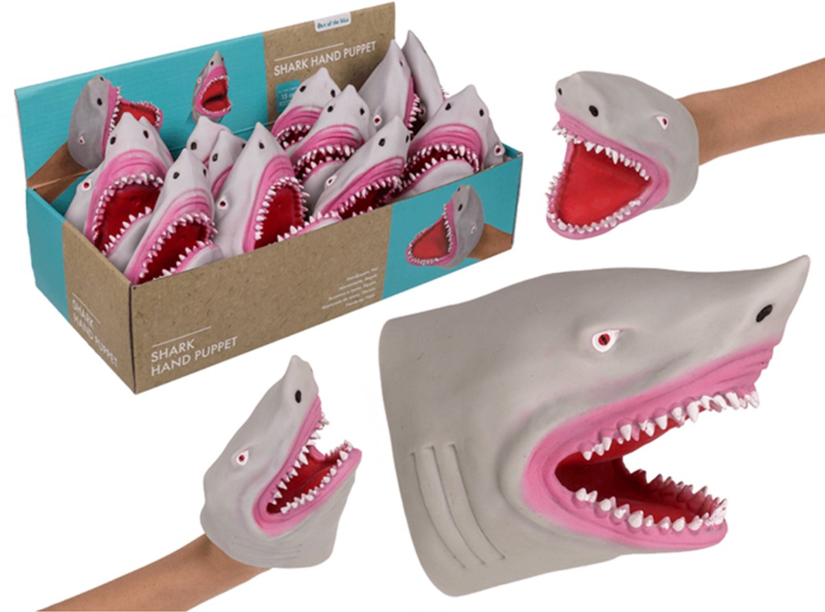 Out of the Blue handpop haai speelgoed - 15 cm - display 12 stuks.