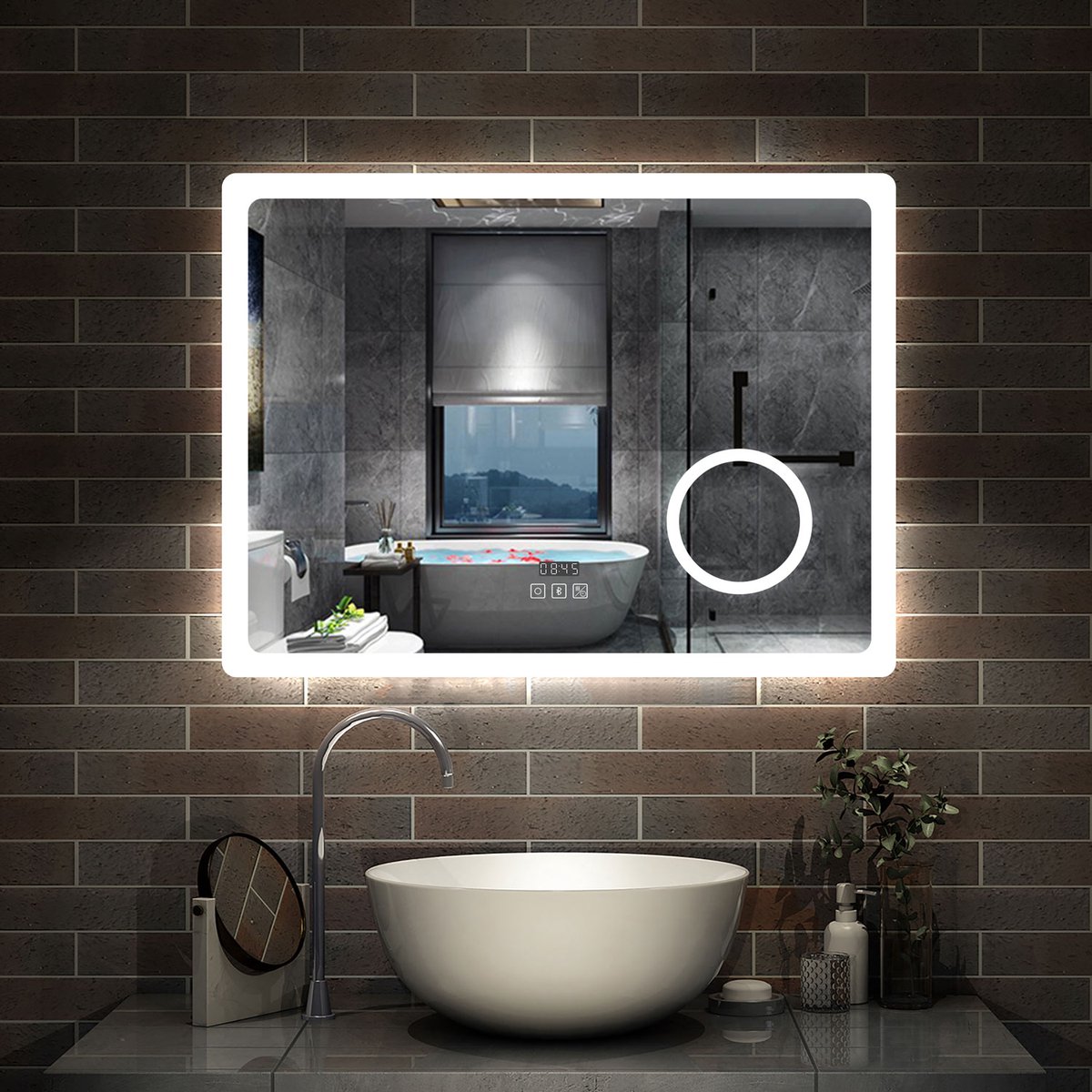 AICA Badkamerspiegel 100x60 cm met Bluetooth en Tijd - 3 LED standen - Dimbaar - Anti-Condens - Geheugen Rechthoek Wandspiegel met 3x Vergrootfunctie Warm/Neutraal/Koud Wit IP44