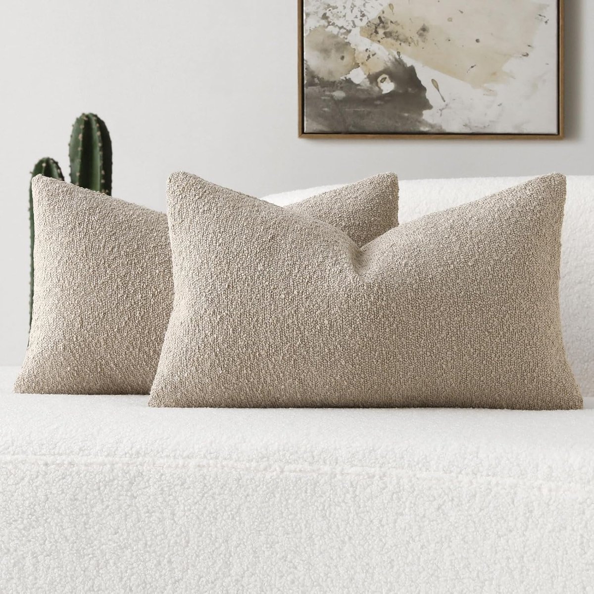 Decoratieve Sierkussenslopen - Kussenhoezen - Woonkamer Decoratie - Zachte Bouclé Textuur - 30x50 cm - Havermout