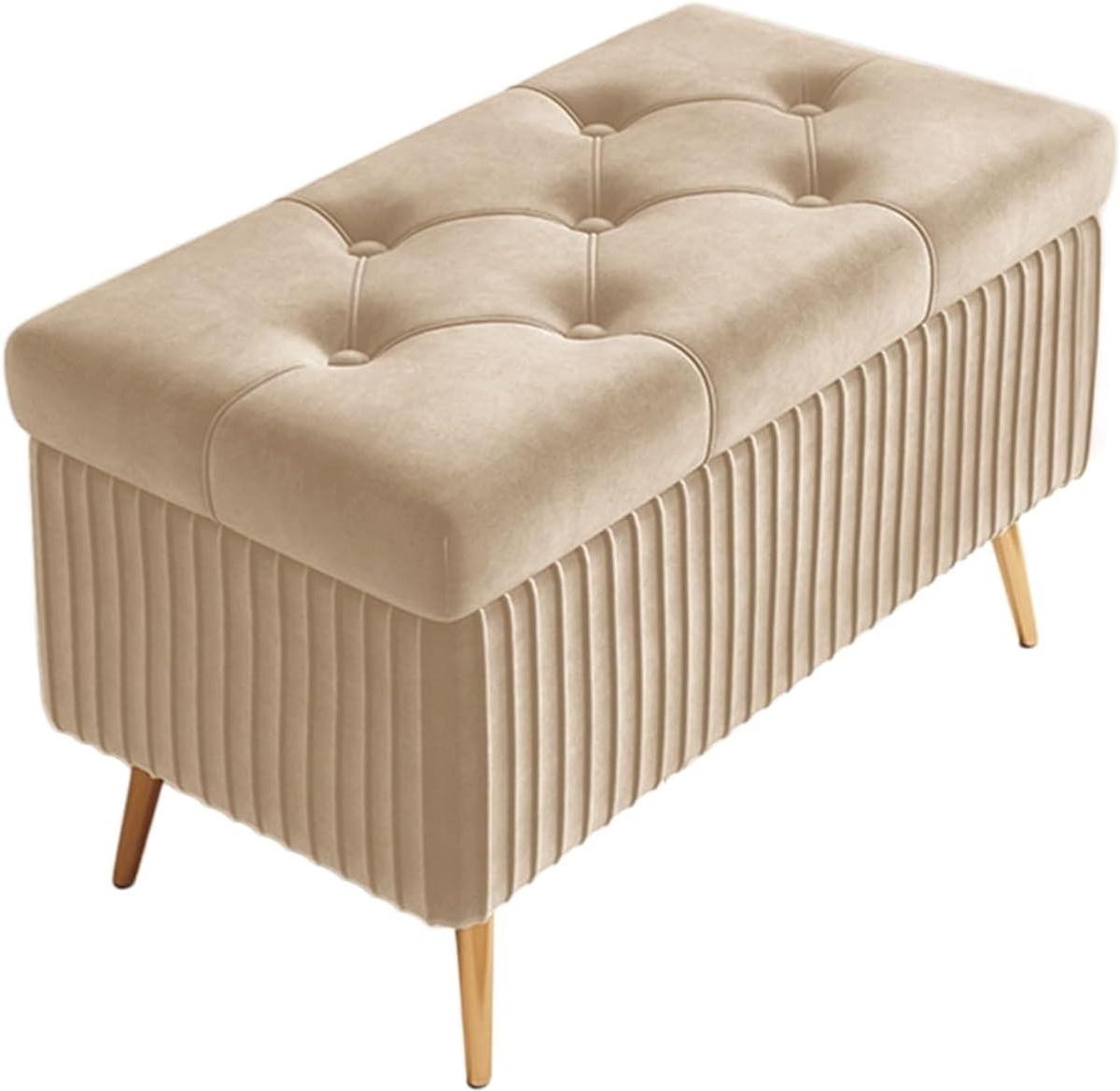 Opbergbank met voetenbank - Opbergkruk gestoffeerd - Extra zitruimte - Gecapitonneerd design - 80cm breed - Beige