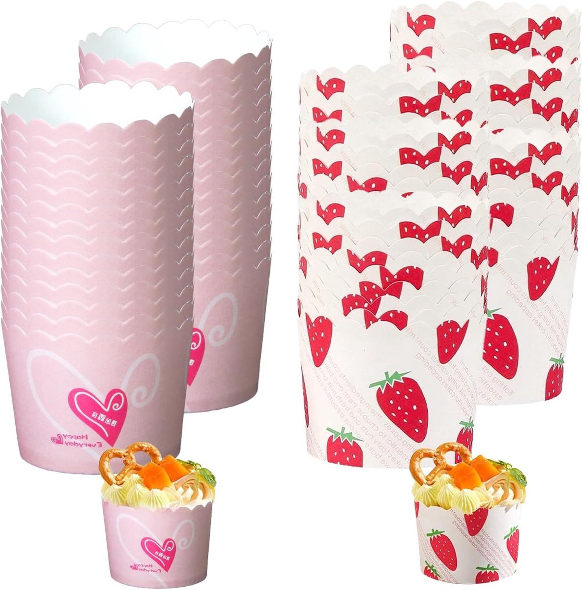 Cupcake Vormpjes - Muffinvormpjes Papier - Bakken Feest - Hartvormig Aardbei - 6x6x4.7cm