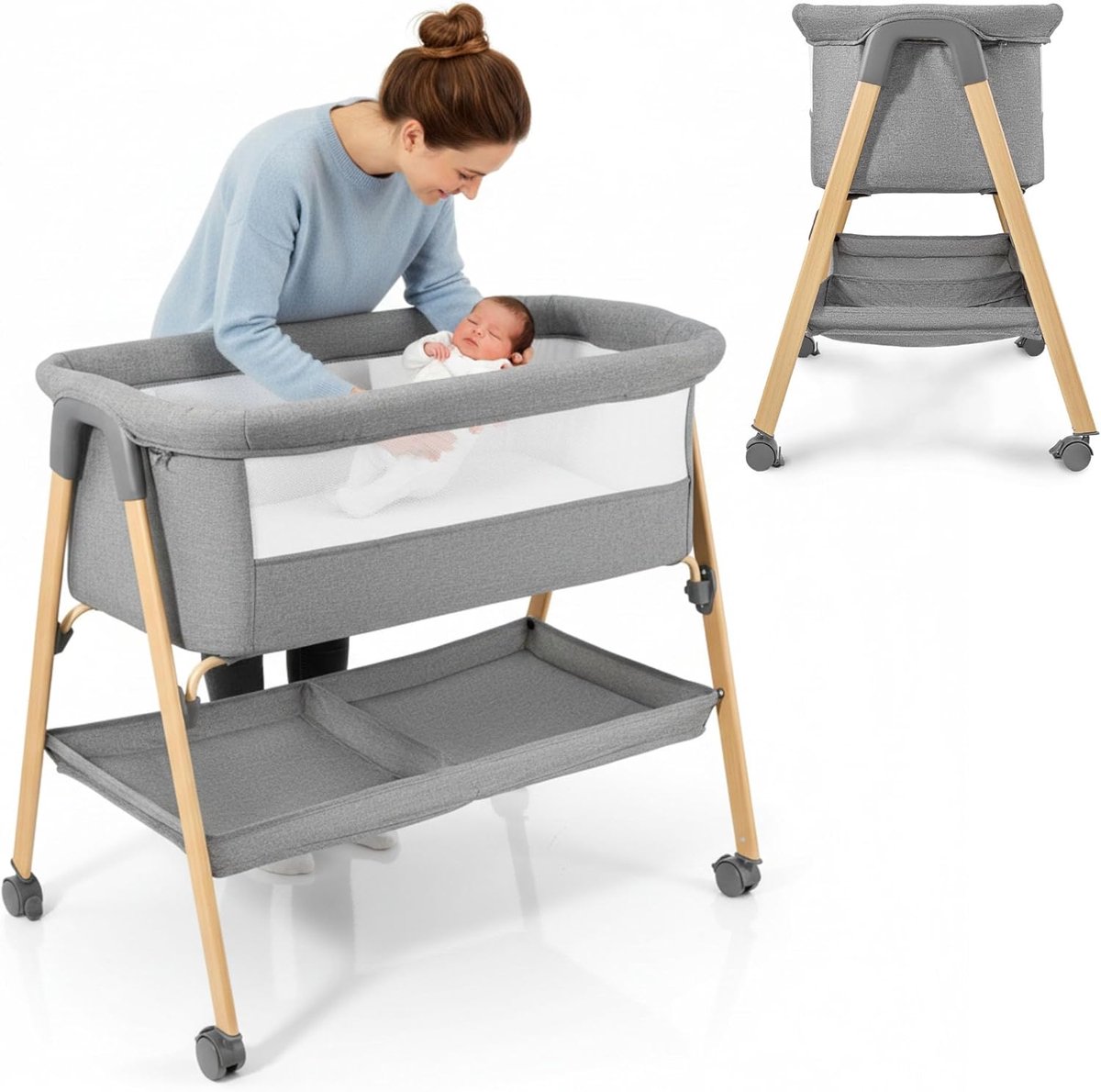 Babybed - Reisbed wieg - Compact slapen - Inklapbaar met wielen - 88 x 56 x 77.5 cm - Grijs